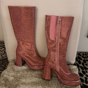 Glittering Pink Knee High Platform Boots
